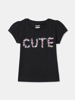 R&B Girls Graphic Print Pure Cotton Regular T Shirt(Black, Pack of 1)