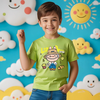Kidloo Boys Labubu, Graphic Print Cotton Blend Regular T Shirt(Light Green, Pack of 1)