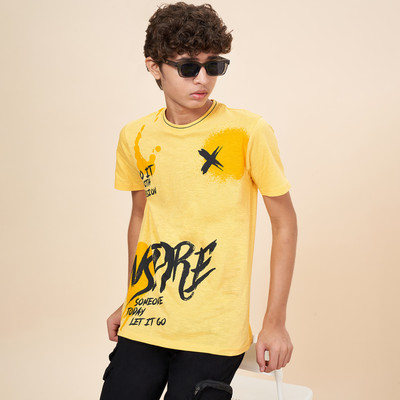 Coolsters by Pantaloons Boys Printed Pure Cotton Regular T Shirt(Yellow, Pack of 1)