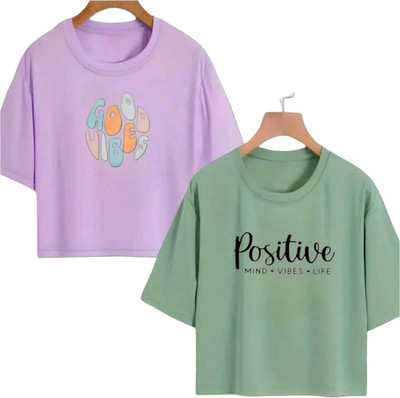 Everfab Girls Typography Cotton Blend Regular T Shirt(Purple, Green, Pack of 2)