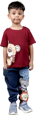 goofy styles Boys Graphic Print Cotton Blend Regular T Shirt(Maroon, Pack of 1)