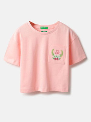 United Colors of Benetton Girls Embroidered Pure Cotton Regular T Shirt(Pink, Pack of 1)
