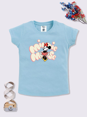 YK Disney Baby Girls Printed Pure Cotton Regular T Shirt(Blue, Pack of 1)