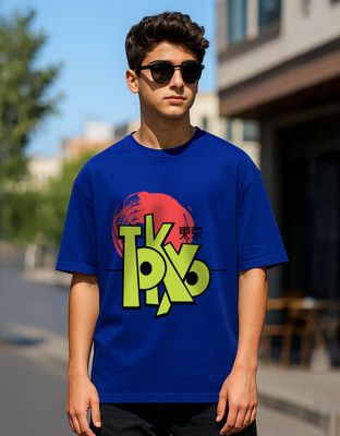 Veirdo Boys Printed Pure Cotton Oversized T Shirt(Blue, Pack of 1)