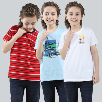 MONTE CARLO Boys Printed Pure Cotton Regular T Shirt(Red, Pack of 3)