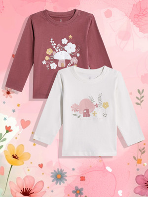 Mothercare Baby Girls Printed Pure Cotton Regular T Shirt(Multicolor, Pack of 2)