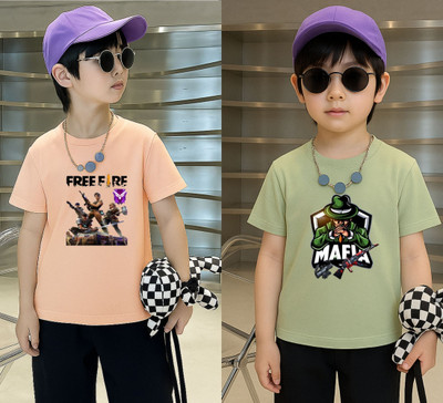 Lecowar Boys Graphic Print Polyester Regular T Shirt(Pink, Green, Pack of 2)