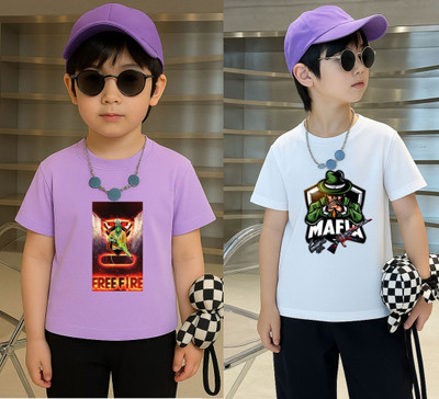 Lecowar Boys Graphic Print Polyester Regular T Shirt(Purple, White, Pack of 1)