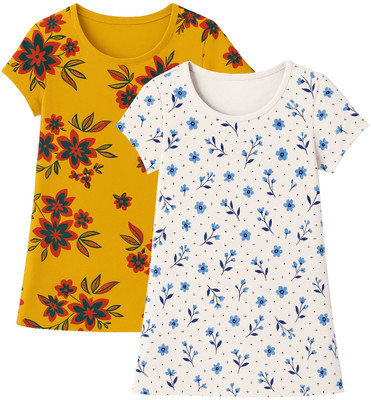 fasla Girls Printed Cotton Blend Regular T Shirt(White, Yellow, Pack of 2)