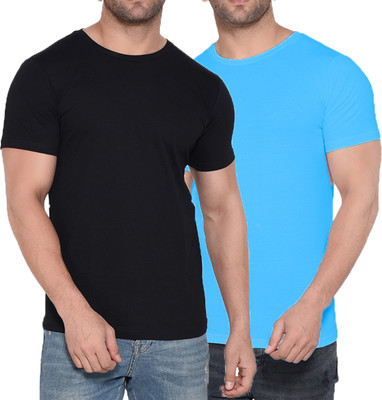 Kroptee Boys Solid Cotton Blend Regular T Shirt(Light Blue, Black, Pack of 2)