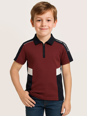 PROVOGUE Boys Colorblock Cotton Blend Regular T Shirt(Maroon, Pack of 1)