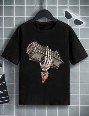 Show In Style Boys Printed Pure Cotton Oversized T Shirt(Black, Pack of 1)