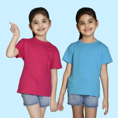 Nusyl Girls Solid Cotton Blend Regular T Shirt(Pink, Pack of 2)