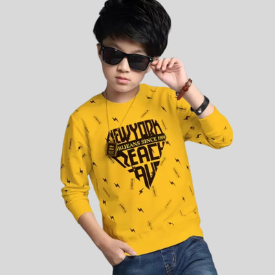 ATLANS CLOTHES Boys Typography, Printed Cotton Blend Regular T Shirt(Yellow, Pack of 1)