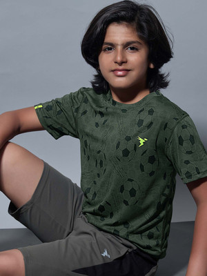 TECHNOSPORT Boys Printed Polyester Slim T Shirt(Green, Pack of 1)