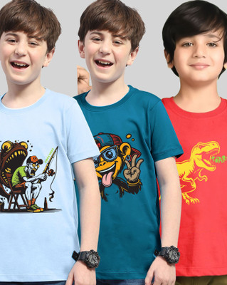 ENITOR Boys Printed Cotton Blend Regular T Shirt(Dark Blue, Light Blue, Pack of 3)