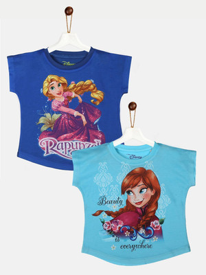 WYM TREND Girls Graphic Print Pure Cotton Regular T Shirt(Blue, Pack of 2)