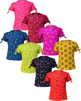 Eazy Trends Girls Printed Pure Cotton Regular T Shirt(Multicolor, Pack of 8)
