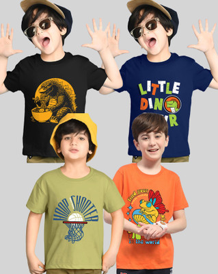 AUSK Boys Printed Cotton Blend Regular T Shirt(Black, Green, Pack of 4)