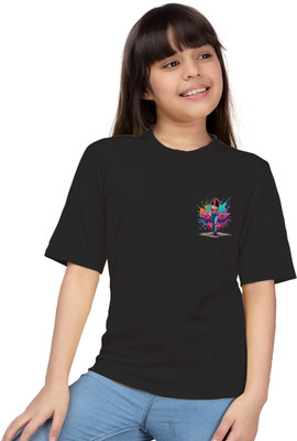 SHASTIGA EXPORTS Girls Printed Pure Cotton Oversized T Shirt(Black, Pack of 1)
