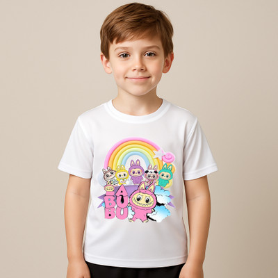 VABRU Boys Printed Polyester Regular T Shirt(White, Pack of 1)