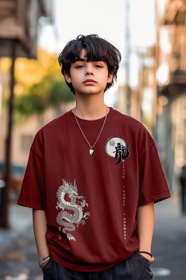 Veirdo Boys Printed Pure Cotton Oversized T Shirt(Maroon, Pack of 1)