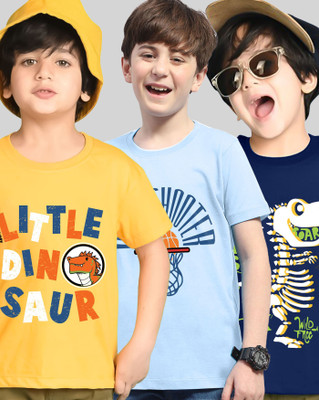 AOOSH Boys Graphic Print Cotton Blend Regular T Shirt(Blue, Light Blue, Pack of 3)