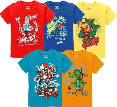 kiddeo Boys Printed Cotton Blend T Shirt(Multicolor, Pack of 5)