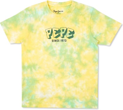 Pepe Jeans Boys Typography, Tie & Dye Pure Cotton T Shirt(Yellow, Pack of 1)