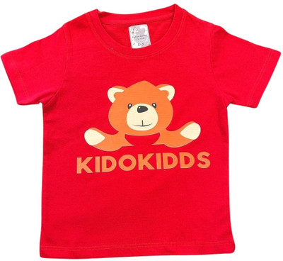 kiddokidds Boys Typography, Printed Cotton Blend Regular T Shirt(Red, Pack of 1)