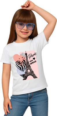 doodleberry Girls Graphic Print Cotton Blend Regular T Shirt(White, Pack of 1)