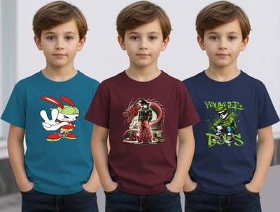 Infinite Picz Boys Typography, Printed Cotton Blend Regular T Shirt(Multicolor, Pack of 3)