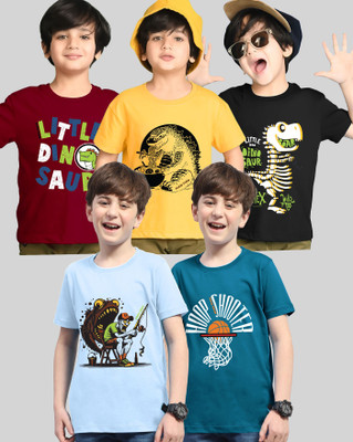 AUSK Boys Printed Cotton Blend Regular T Shirt(Black, Dark Blue, Pack of 5)