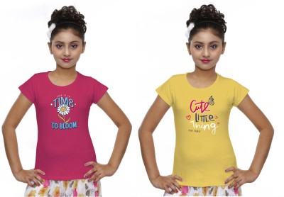 tuchom Girls Printed Pure Cotton Regular T Shirt(Multicolor, Pack of 2)