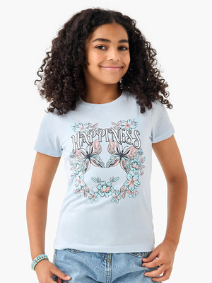 JUNIORS by Babyshop Girls Graphic Print Pure Cotton Regular T Shirt(Blue, Pack of 1)