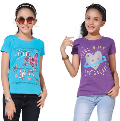 BARATHIDEVI TEX Girls Printed Pure Cotton Regular T Shirt(Blue, Pack of 2)
