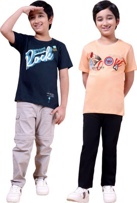 FREEZEANDFROST Boys Printed Cotton Blend Regular T Shirt(Dark Blue, Orange, Pack of 2)