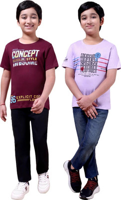 FREEZEANDFROST Boys Printed Cotton Blend Regular T Shirt(Maroon, Purple, Pack of 2)