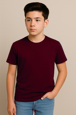 NOW OR NEVER Boys Solid Polyester Regular T Shirt(Maroon, Pack of 1)