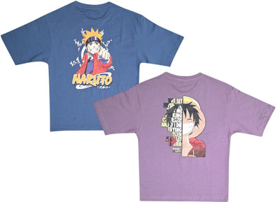 NeuVin Boys & Girls Printed Pure Cotton Regular T Shirt(Blue, Purple, Pack of 2)