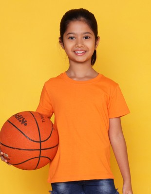 Nusyl Girls Solid Cotton Blend Regular T Shirt(Orange, Pack of 1)