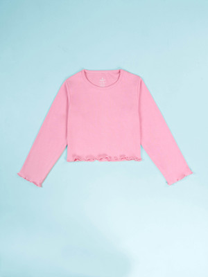 Kiddo Paanti Girls Solid Pure Cotton Regular T Shirt(Pink, Pack of 1)