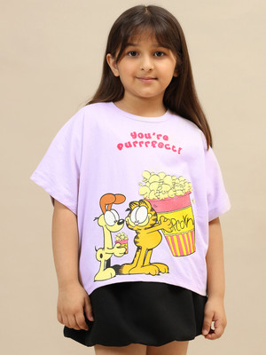 kidsville Girls Graphic Print Pure Cotton Oversized T Shirt(Purple, Pack of 1)