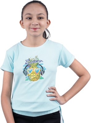 stylestorm Girls Graphic Print Cotton Blend Regular T Shirt(Light Blue, Pack of 1)