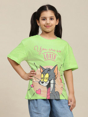 kidsville Girls Graphic Print Pure Cotton Oversized T Shirt(Green, Pack of 1)