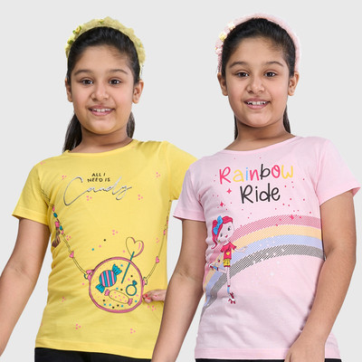 Zuniors-SSC Girls Graphic Print Pure Cotton Regular T Shirt(Multicolor, Pack of 2)