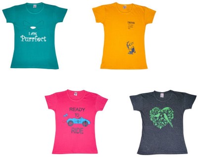 MTI FASHIONS Girls Printed Pure Cotton Regular T Shirt(Multicolor, Pack of 4)