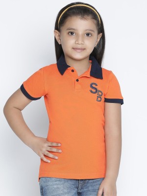 Spyby Girls Printed, Striped Pure Cotton Regular T Shirt(Orange, Pack of 1)