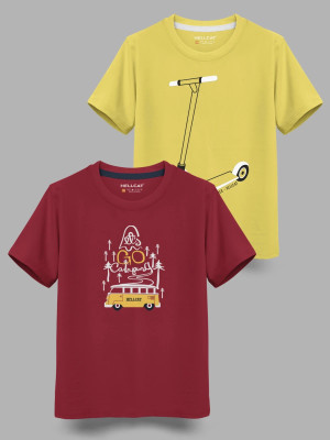 Hellcat Boys Printed Cotton Blend Regular T Shirt(Maroon, Pack of 2)