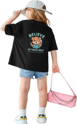 Everfab Girls Printed Cotton Blend Oversized T Shirt(Black, Pack of 1)